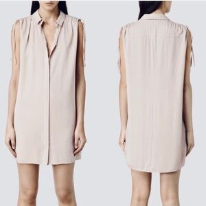 Allsaints Drain Dress Tan Size 2 Shirtdress Drape Shoulder Cord Minimalist Beige